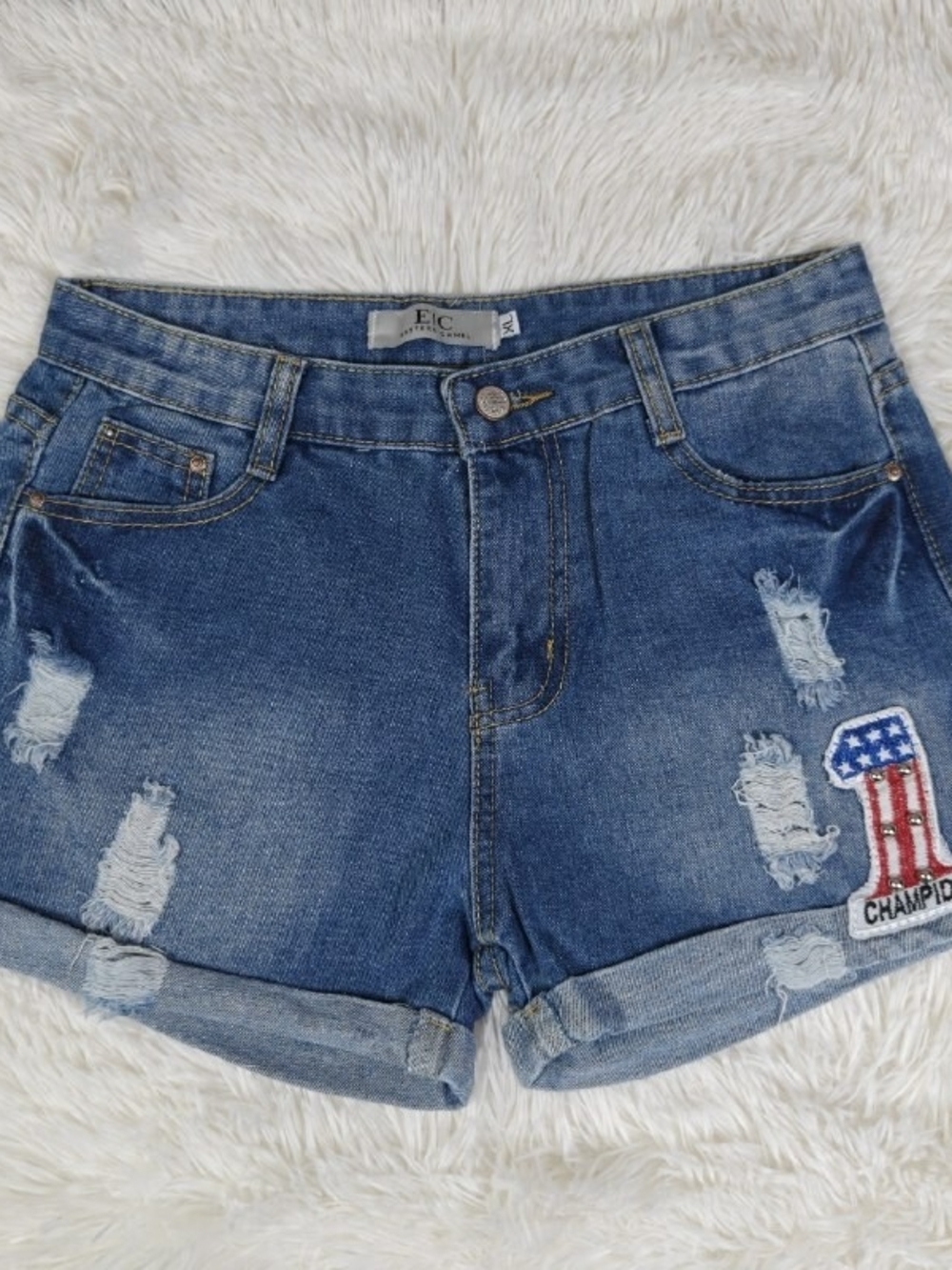 Distressed Blue Denim Shorts with Champion Patch